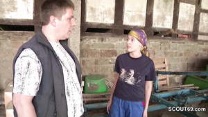 Fat farmer makes skinny blonde to blowjob his dick