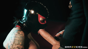 Danny D gets blowjob from a busty slut in latex hood and finshets & fucks her