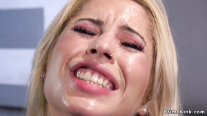 Arousing blondie fucks machine in metal device