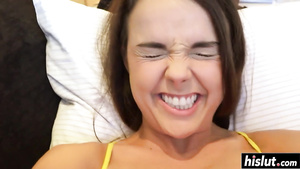 A juggy hottie faps dicks with hands and rides on that happily