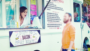 Shameless horny teen Alex Blake riding cock in hot dog stand