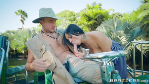 Doggystyled black busty chick Bethany Benz titty fucking outside