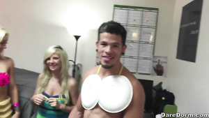 Playful chicks are doing tight blowjobs at dorm party before getting banged