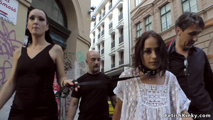 Euro whore blowing in public outdoor cafe