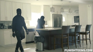 Brunette teen Arya Faye roughly fucked doggystyle by brutal burglar