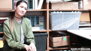 Teen Jade Noir busted stealing and spreads on the desk for fuck