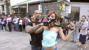 Naked ginger slave led through Madrid