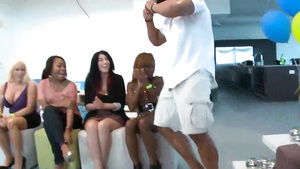 Busty milfs sucking and jerking big black cock at CFNM party