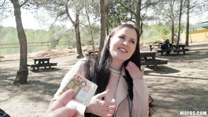 Long haired floozy pleasuring lucky guy for some cash