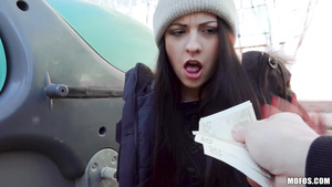 Dude fucks brunette in a missionary position outdoors