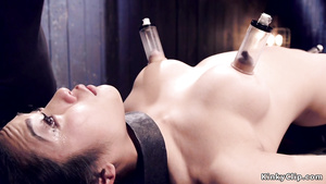 Big-Breasted Asian locked in waist wooden stock