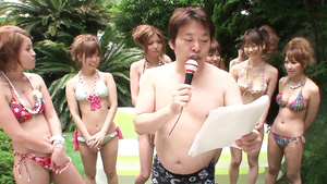 Bunch of Japanese young girls in sexy bikinis have some fun outside