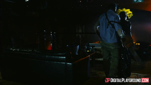 Two latex babes share one erected sausage and balls