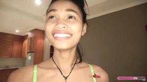 Sweet Asian teen in fishnets in amateur hardcore action with cumshot