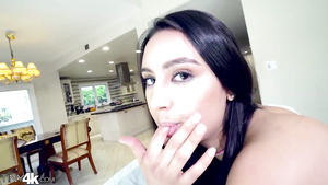 Nerdy stud licks Eliza Ibarra's trimmed brunette pussy