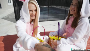 Two bunnies banging huge male pole