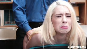 Skinny young blonde Joseline Kelly blowjobs cop's big cock in his office