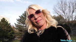 Lusty blonde MILF in black stockings fucks for money