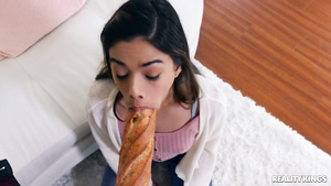 Kneeled chick sucks a cock to warm up cock with her cunt