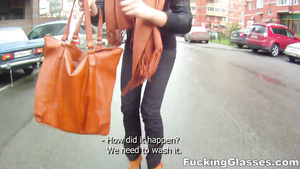 Playful ginger babe sucks and rides a cock on a stair-case