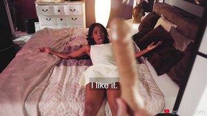 Milky-skinned babe fucks her black girlfriend in bed