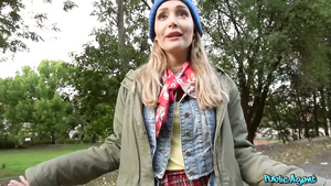 Whorish Russian girl in white stockings fucks stranger outdoors