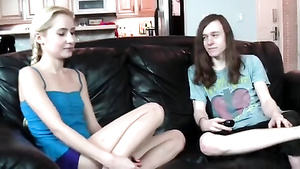 Skinny blonde tastefully sucks brother's big dick