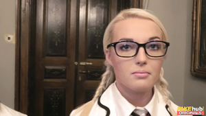 Two kinky schoolgirls with glasses getting fucked in turn