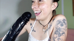 Inked amateur teen has fun with huge dildo