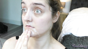 Big-eyed amateur girl gets her first huge facial