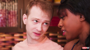 Ebony MILF with big juggs seduces skinny shy teen boy