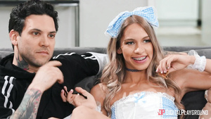 Adorable blonde babe gets fucked all over the living room