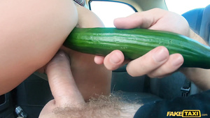 Perverted cabbie penetrates her anus using long and thick cucumber!