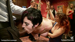Suspended big-bosomed slave nailed at party