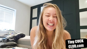 Dirty talking blond hair babe babe with big juggs laughs to small