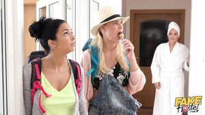 Cute teens and lesbian landlady threesome sex