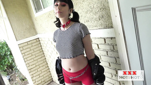 Submissive petite GF in high heels deepthroats knob