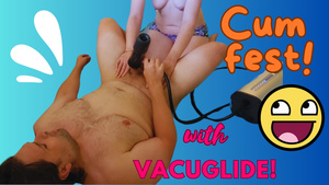 Cute babe helps her man MAN MILK with VacuGlide.