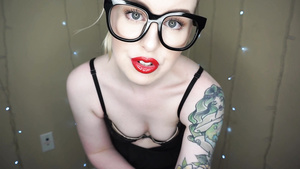 Office JOI: hot young tattooed babe in eyeglasses on webcam