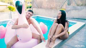 Dark-haired babe rides hard dick till dude cums all over her