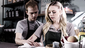 Blond hair babe barista fucks cheating BF in cafe