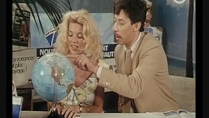 Seductive blonde babe lies down on the table to get fucked